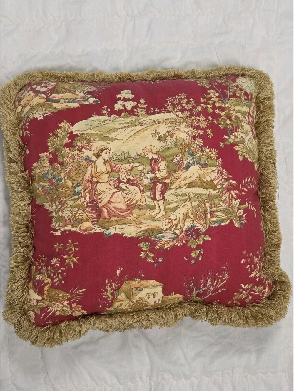Wesley Hall 17 x 17 Fremont Red Pastorale Toile De Jouy Fringed Throw Pillow Vtg